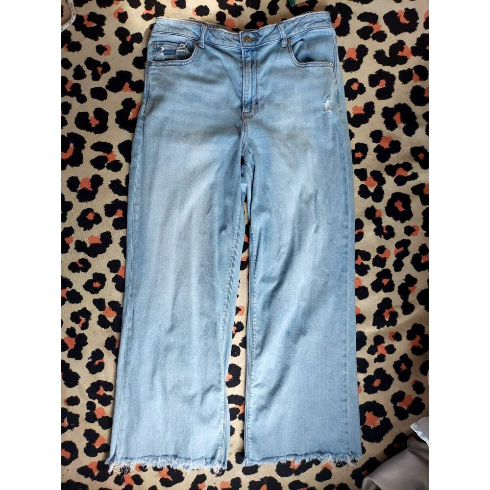 AEO Wide Leg High Rise Baggy Jeans Sz 14 Grunge Skater Raw Hem 90s y2k